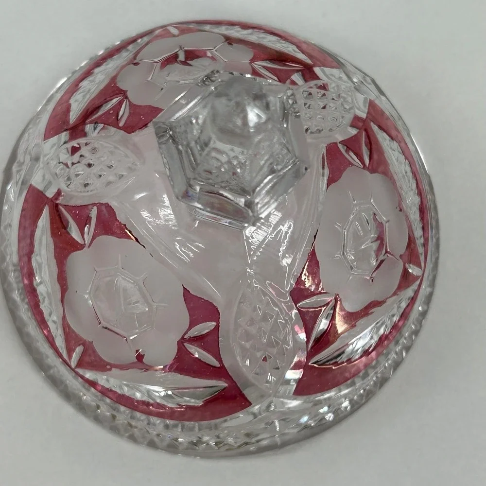 Vintage Footed Glass Candy Dish with Cranberry Flash Rose Lid Clear Pressed Bowl